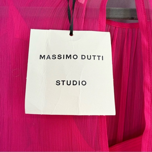 Massimo Dutti Hot Pink Gathered Maxi Dress Puff Sleeves Size Small NWT - Picture 4 of 10